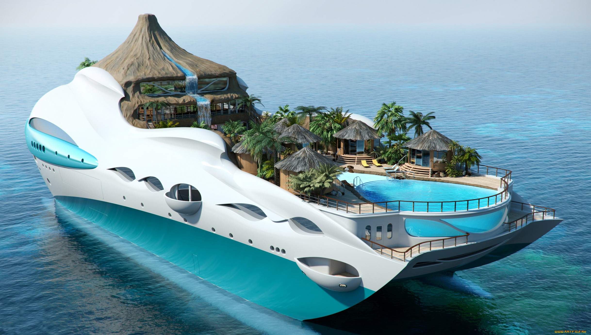tropical, island, paradise, superyacht, , 3d, , 